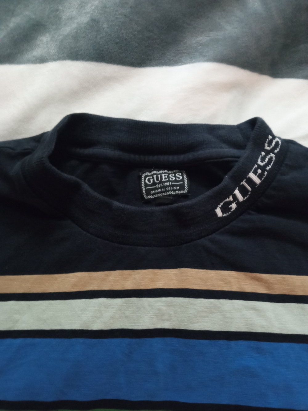 Guess Black Tee with Multicolor Horizontal Stripes